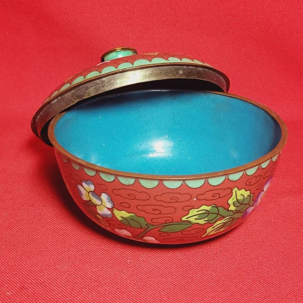 Vintage Cloisonné Brass Bowl With Lid Covered Red Dish